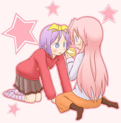  2girls bad_id bad_pixiv_id blue_eyes glasses hair_ribbon hiiragi_tsukasa long_hair lucky_star multiple_girls pantyhose pink_hair purple_hair ribbon short_hair skirt socks star_(symbol) striped_clothes striped_socks suriheru takara_miyuki 