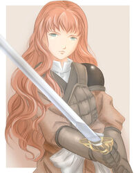  armor bad_id bad_pixiv_id border bow chest_protector closed_mouth female gauntlets green_eyes hair_over_shoulder holding holding_sword holding_weapon jian_(weapon) juuni_kokuki large_bow long_hair looking_at_viewer nakajima_youko outside_border pauldrons photoshop_(medium) red_hair shirt shoulder_armor solo suiguutou_(juuni_kokuki) surcoat sword two-handed tyamag upper_body vambraces wavy_hair weapon white_border white_bow white_shirt 