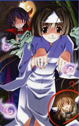  3girls ? absurdres bamboo black_hair brown_eyes brown_hair chouchin_obake fangs ghost hair_in_own_mouth highres hitodama hizuki_ayaka japanese_clothes kimono long_hair matsuo_yukihiro memories_off memories_off_2nd multiple_girls shirakawa_hotaru suzuna_takano triangular_headpiece twintails vampire wings 