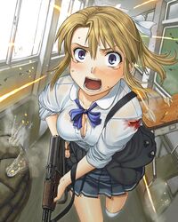  ak-47 aks-47 assault_rifle black_sweater blonde_girl_(itou) blood blood_on_clothes blood_stain blue_bow blue_bowtie blue_eyes blush bow bowtie bra bra_peek breasts bullet_hole buttons ceiling chair cleavage close-up clothes_around_waist collarbone collared_shirt commentary_request crack cracked_glass curtained_hair damaged desk female fluorescent_lamp folding_stock foot_out_of_frame foreshortening grey_skirt gun gun_sling hallway highres holding holding_gun holding_weapon indoors injury itou_(onsoku_tassha) kalashnikov_rifle kneehighs large_breasts light_brown_hair lingerie looking_ahead looking_at_viewer miniskirt near_miss open_mouth original parted_hair partially_unbuttoned pleated_skirt ponytail projectile_trail rifle running sandbag school school_chair school_desk school_uniform shirt skirt sleeves_rolled_up socks solo sweat sweater sweater_around_waist tears teeth torn_clothes torn_sweater under_fire underwear weapon white_bow white_bra white_shirt white_socks wide-eyed window wooden_desk 