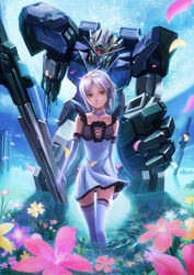  00_gundam building cloud commentary_request damaged dress elbow_gloves female flower gloves gundam gundam_00 highres mecha mecha_musume moon panties pantyshot petals photoshop_(medium) purple_hair robot short_hair sky solo thighhighs underwear water white_hair yellow_eyes zhenlin 