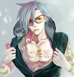  1boy blue_hair bodypaint bubble hood kamina_(ttgl) male_focus numeri_(pixiv) solo sunglasses tattoo tengen_toppa_gurren_lagann 