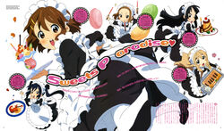  5girls absurdres akiyama_mio alternate_costume animage apron black_eyes black_hair blonde_hair blue_eyes blunt_bangs blush brown_eyes brown_hair cake cherry chibi enmaided falling food frills fruit guitar hair_ornament hairband hairclip highres hime_cut hirasawa_yui ice_cream instrument k-on! kotobuki_tsumugi long_hair magazine_scan maid multiple_girls nakano_azusa nakano_emiko official_art open_mouth pantyhose pastry scan short_hair sitting skirt smile tainaka_ritsu teapot text_focus thick_eyebrows tray twintails 