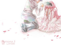  1boy 7tsu commentary_request dress female gothic_lolita hat headband iori_junpei kneeling lolita_fashion long_hair persona persona_3 red_hair school_uniform yoshino_chidori 