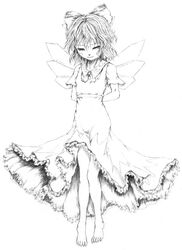  arms_behind_back barefoot bow cirno dress feet female full_body greyscale hair_ribbon hairbow katzeh looking_down monochrome ribbon short_hair smile solo touhou wings 