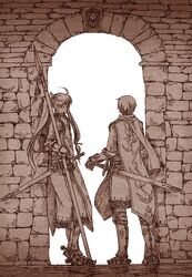  2boys against_wall arch armor armored_boots boots brown_theme commentary_request facing_away gauntlets gloves hand_on_hilt high_ponytail kaito_(vocaloid) kamui_gakupo leaning_back long_hair long_sleeves looking_away male_focus medieval monochrome multiple_boys polearm ponytail scarf sheath sheathed sidelocks spear spurs standing sword tabard vocaloid watari_taichi weapon white_background 