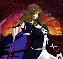  brown_hair commentary_request female hijiri_byakuren long_hair photoshop_(medium) scroll solo sorcerer&#039;s_sutra_scroll suzuki_sakura touhou yellow_eyes 