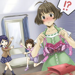  !? 1boy 2girls ahoge akizuki_ryo antenna_hair bad_id bad_pixiv_id bare_shoulders blue_eyes blue_hair blush bra brown_eyes brown_hair dearly_stars_(idolmaster) frilled_bra frills gift hair_ornament hairclip hidaka_ai holding holding_bra holding_clothes holding_underwear idolmaster idolmaster_dearly_stars lingerie mirror mizutani_eri multiple_girls open_mouth otoko_no_ko pontai school_uniform short_hair smile sweat underwear 