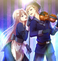  1boy axis_powers_hetalia bad_id bad_pixiv_id belarus_(hetalia) beret blonde_hair bow couple female gloves hair_ribbon hairbow hat instrument long_hair microphone microphone_stand norway_(hetalia) purple_eyes ribbon sailor sasano_shiki straight very_long_hair violin 