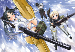  3girls ammunition_belt ammunition_box animal_ears black_hair black_skirt blonde_hair blue_eyes blush browning_m1919 cat_ears cat_girl cat_tail commentary_request erica_hartmann flat_chest fliegerhammer flying francesca_lucchini green_eyes grey_hair grin gun hajime_monji holding holding_gun holding_weapon long_hair machine_gun mg42 multicolored_hair multiple_girls multishot_rocket_launcher navel panties propeller rocket_launcher sanya_v._litvyak short_hair skirt smile spread_legs strike_witches striker_unit striped_clothes striped_panties tail twintails underwear uniform weapon world_witches_series 