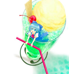  blue_bow blue_eyes blue_hair bow circled_9 cirno commentary_request cup drinking_straw female food hairbow heihachi ice_cream in_container in_cup in_food mini_person minigirl mundane_utility short_hair solo sundae touhou 