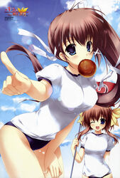  2girls ;d absurdres blue_eyes blush bread bread_eating_race brown_hair buruma food food_in_mouth gym_uniform hair_ribbon highres kiss_to_lord_to_darjeeling leaning_forward long_hair mikeou mouth_hold multiple_girls numbered_flag one_eye_closed open_mouth pointing ponytail ribbon scan shidou_kozue smile sports_festival yashiro_tsubasa 