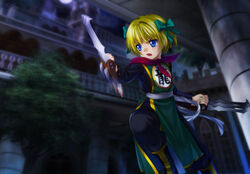  blonde_hair blue_eyes bob_cut bow castle chinese_clothes claw_(weapon) cosplay dragon_quest dragon_quest_iii dragon_quest_v female fighter_(dq3) fighter_(dq3)_(cosplay) hairbow hero&#039;s_daughter_(dq5) mutsuki_(moonknives) photoshop_(medium) short_hair solo tabitha_(dq5) weapon 