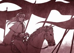  animal cape capelet commentary_request female flag from_side gloves hairband horse horseback_riding light_smile long_hair long_sleeves looking_at_viewer medieval megurine_luka monochrome red_theme riding solo vocaloid watari_taichi 