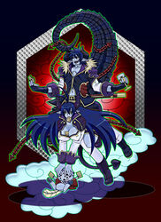  1boy asmodeus_(shinrabanshou) beelzebub_(shinrabanshou) between_breasts blue_hair blue_skin boots breasts brother_and_sister card chains cleavage colored_skin commentary demon demon_boy demon_girl demon_tail female full_body gloves horns long_hair medium_breasts mitsu_ringo pointy_ears shinrabanshou siblings tail very_long_hair yellow_eyes 