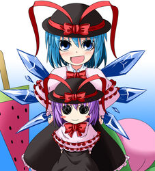  2girls blue_hair chibi cirno commentary_request cosplay determined food fruit hat ichimi multiple_girls nagae_iku nagae_iku_(cosplay) peach photoshop_(medium) popsicle red_ribbon ribbon smug solid_circle_eyes sword touhou watermelon_bar weapon 