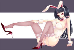  animal_ears bad_id bad_pixiv_id black_hair breasts cleavage fake_animal_ears feet female fishnet_thighhighs fishnets high_heels large_breasts long_hair momoyama_nozomu original playboy_bunny rabbit_ears red_eyes shoe_dangle shoes sitting solo thighhighs 