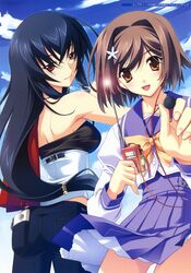  2girls absurdres ass black_hair brown_eyes brown_hair highres kasuga_yuuno koshimizu_takayuki long_hair matsuo_yukihiro memories_off memories_off_6 multiple_girls red_eyes ribbon school_uniform serafuku short_hair suzushiro_rein 