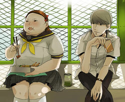  1boy bad_id bad_pixiv_id bento blush brown_hair fat female food freckles grey_hair juice_box kazuki_(kazu-king) narukami_yuu ootani_hanako persona persona_4 school_uniform serafuku short_hair straight yasogami_school_uniform 