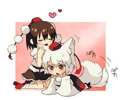  2girls all_fours animal_ears bad_id bad_pixiv_id blush brown_hair detached_sleeves geta hat heart inubashiri_momiji manimani_(mani_ma) multiple_girls red_eyes shameimaru_aya short_hair tail tail_wagging tengu-geta tokin_hat touhou white_hair wolf_ears wolf_tail 