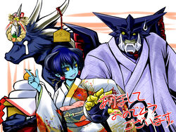  1boy akeome arioch_(shinrabanshou) arm_grab astaroth_(shinrabanshou) black_sclera blue_hair blue_skin colored_sclera colored_skin commentary_request demon_girl earrings female gyuuki_(shinrabanshou) happy_new_year heart heart_earrings horns inusurvivor japanese_clothes jewelry kimono new_year painttool_sai_(medium) partial_commentary shinrabanshou yellow_eyes 