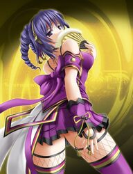  ashita_yaru beatmania_iidx commentary_request drill_hair female hand_fan japanese_clothes looking_back purple_eyes purple_hair skirt solo thighhighs umegiri_hifumi 