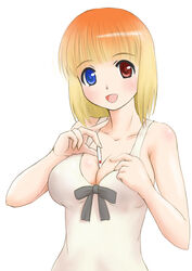  between_breasts blonde_hair breasts casual cleavage commentary_request dress female fukuji_mihoko ginjyasei heterochromia holding_tenbou mahjong medium_breasts saki_(manga) short_hair solo tenbou 