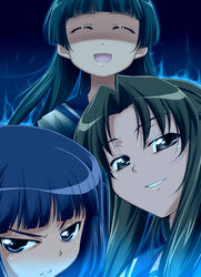  3girls aura blue_hair blunt_bangs brown_eyes closed_eyes commentary_request green_hair highres ishigaki_tamaki long_hair multiple_girls nomal ogasawara_akiko purple_eyes school_uniform serafuku souya_yuki staring taishou_yakyuu_musume yandere 