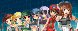  6+girls black_hair blonde_hair blue_eyes blue_hair bosshi breasts brown_hair copyright_request green_eyes green_hair hand_on_own_hip hat large_breasts long_hair medium_breasts multiple_girls orange_eyes personification purple_hair red_eyes short_hair tokyo_metro translated twintails underboob 