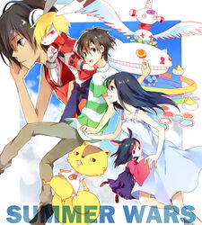  2boys 2girls bad_id bad_pixiv_id black_hair blonde_hair brown_hair dress holding_hands ikezawa_kazuma kari-kenji king_kazma koiso_kenji multiple_boys multiple_girls shinohara_natsuki summer_wars sundress yuzuki_karu 