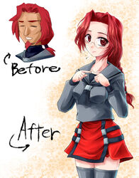  1boy blush braid commentary_request english_text female genderswap_(mtf) glasses inusurvivor johann m.u.g.e.n painttool_sai_(medium) rage_of_the_dragons red_eyes red_hair rule_63 skirt snk thighhighs zettai_ryouiki 