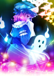  bad_id bad_pixiv_id bug butterfly chinchickrin danmaku female ghost hat japanese_clothes photoshop_(medium) pink_hair red_eyes ribbon saigyouji_yuyuko short_hair solo touhou 