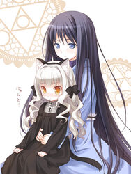  2girls amano_yuu animal_ears bell_zephyr black_ribbon blue_eyes cat_ears commentary_request dress gothic_lolita hair_ornament hair_ribbon lolita_fashion long_hair multiple_girls night_wizard painttool_sai_(medium) purple_hair ribbon rion_gunta smile very_long_hair white_hair yellow_eyes 