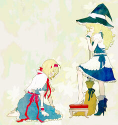  2girls alice_margatroid asymmetrical_clothes asymmetrical_footwear barefoot blonde_hair broom commentary_request hairband hat heihachi high_heels kirisame_marisa mismatched_footwear multiple_girls shoes short_hair tears touhou witch_hat yellow_eyes 