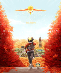  1boy autumn autumn_leaves backwards_hat baseball_cap bell_tower_(pokemon) bird blue_sky city commentary_request cyndaquil day ecruteak_city ethan_(pokemon) from_behind hat ho-oh koma_yoichi leaf male_focus nature outdoors pagoda pokemon pokemon_(creature) pokemon_hgss road running sky tower translated tree 