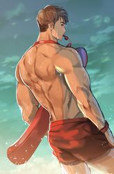  1boy back back_focus bara brk_603 brown_hair from_behind highres korean_commentary lifeguard looking_at_viewer male_focus male_swimwear median_furrow muscular muscular_male original sky solo swim_trunks swimsuit topless_male wet whistle whistle_around_neck wristband 