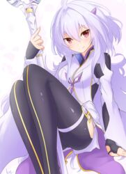  ahoge ass black_gloves black_pants blush breasts closed_mouth fate/grand_order fate/grand_order_arcade fate/prototype fate_(series) female fingerless_gloves gloves holding holding_staff kimukimu knees_up long_hair long_sleeves looking_at_viewer medium_breasts merlin_(fate/prototype) merlin_(fate/prototype)_(second_ascension) pants purple_eyes robe simple_background smile solo staff thighs very_long_hair white_background white_hair white_robe wide_sleeves 