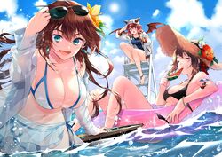  3girls absurdres bikini black_bikini blue_sky breasts brown_hair cleavage closed_eyes cuteg demon_girl eating eyewear_on_head flower food fruit guardian_tales hair_flower hair_ornament hat highres horns jacket large_breasts lifeguard_yuze long_hair looking_at_viewer medium_hair multiple_girls one-piece_swimsuit open_mouth outdoors red_eyes red_hair red_wings scientist_on_the_beach_sohee see-through sky smile straw_hat summer_innkeeper_loraine swimsuit water watermelon white_bikini wings 