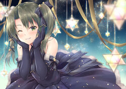  ;d alternate_costume bare_shoulders black_dress blue_bow blue_ribbon blush bow chains commentary_request dress female green_eyes green_hair grin hair_ornament hairbow hands_on_own_cheeks hands_on_own_face hands_up kantai_collection leaning_forward long_hair looking_at_viewer minakami_nagara neck_ribbon one_eye_closed open_mouth ribbon sleeveless sleeveless_dress smile solo star_(symbol) star_hair_ornament twintails zuikaku_(kancolle) 