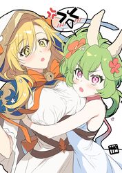  2girls alpaca_ears animal_ears bad_id bad_twitter_id bare_shoulders blonde_hair breasts capelet dress flower flower_girl_bari gdtl_gawain1 green_hair guardian_tales hair_flower hair_ornament highres hug large_breasts looking_at_another mayreel_(guardian_tales) multiple_girls open_mouth pink_eyes side_ponytail sleeveless speech_bubble white_background white_dress yellow_eyes 