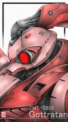  black_border border character_name denjyou23 gottrlatan gundam highres mecha mobile_suit no_humans red_eyes robot science_fiction solo upper_body victory_gundam white_background zanscare 