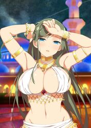  arabian_clothes armband armlet armpits arms_up blue_eyes blush breasts brooch building city_lights cleavage come_hither commentary criss-cross_halter english_commentary female fuga_(senran_kagura) gem gold gold_bracelet gold_choker gold_necklace gold_trim green_hair groin halterneck harem_outfit jewelry large_breasts linea_alba long_hair looking_at_viewer middle_eastern_architecture mole mole_under_eye navel neck_ring necklace night night_sky official_art open_mouth outdoors parted_lips red_gemstone senran_kagura senran_kagura_new_link senran_kagura_new_wave shiny_skin sky solo star_(sky) starry_sky third-party_source wide_hips window yaegashi_nan 