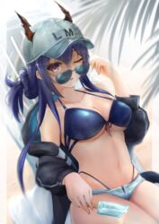  adjusting_eyewear arknights baseball_cap bikini blue_hair breasts ch&#039;en_(arknights) ch&#039;en_the_holungday_(arknights) denim denim_shorts dragon_horns female food hat highleg highleg_panties highres horns horns_through_headwear large_breasts long_hair looking_over_eyewear micro_shorts navel one_eye_closed panties popsicle shorts sunglasses swimsuit terebi- underwear 