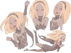  arm_up bare_shoulders black_scarf blonde_hair blush closed_eyes dark_skin female gravity_daze hairband highres kitten_(gravity_daze) leg_warmers leotard long_hair looking_at_viewer multiple_views open_mouth red_eyes saitou_shunsuke scarf smile strapless teeth vambraces 