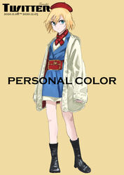  adapted_costume alice_margatroid alternate_costume beret black_footwear black_headwear blonde_hair blue_dress blue_eyes boots bow breasts coat commentary_request contemporary dress english_text female hat highres jichou_senshi long_sleeves medium_breasts miniskirt red_bow red_headwear red_ribbon red_scarf ribbon scarf short_dress short_hair skirt touhou white_coat 