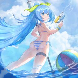  absurdres ass back ball beachball bikini blue_eyes blue_hair breasts cloud cloudy_sky commentary_request day female from_behind girls&#039;_frontline girls&#039;_frontline_neural_cloud green_ribbons hair_ribbon halterneck highres holding holding_staff holding_water_gun legs long_hair looking_at_viewer looking_back max_(electrical_spark_spray)_(neural_cloud) max_(neural_cloud) official_alternate_costume outdoors ponytail ribbon side-tie_bikini_bottom sky small_breasts smile smug solo staff striped_bikini striped_clothes swimsuit thigh_strap very_long_hair wading water water_gun wet wristband zerowill 