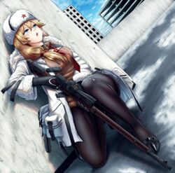  black_footwear black_gloves black_pantyhose blonde_hair blue_eyes bolt_action breasts city coat female fur_hat girls&#039;_frontline gloves gun hand_on_weapon hat highres holding holding_weapon long_hair looking_away medium_breasts mosin-nagant mosin-nagant_(girls&#039;_frontline) mosin-nagant_(mod3)_(girls&#039;_frontline) necktie on_one_knee open_mouth pantyhose red_necktie red_star rifle scar scrson shoes side_ponytail sniper_rifle solo standing standing_on_one_leg star_(symbol) ushanka weapon white_coat white_hat 