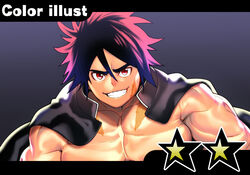  1boy bad_id bad_pixiv_id bara bare_pectorals black_hair cropped frown gradient_hair grin hair_between_eyes hinomaru_zumou large_pectorals looking_at_viewer mabataki male_focus multicolored_hair muscular muscular_male paid_reward_available pectorals red_eyes red_hair scar short_hair smile solo spiked_hair sumo two-tone_hair ushio_hinomaru 