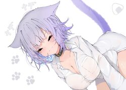  :3 absurdres ahoge animal_ear_fluff animal_ears animal_hands black_collar blush breasts cat_ears cat_girl cat_paw cat_tail cleavage closed_eyes collar female food highres hololive large_breasts looking_at_viewer medium_hair naked_shirt nekomata_okayu nekomata_okayu_(oversized_shirt) onigiri purple_hair reine_(reineko6) shirt simple_background smile tail unbuttoned unbuttoned_shirt virtual_youtuber white_shirt 