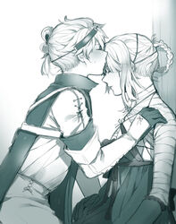  1boy bandaged_arm bandages blush braid closed_eyes female from_side funa2001 hair_ornament highres kaine_(nier) kissing kissing_forehead monochrome nier nier_(brother) nier_(series) sweatdrop upper_body 